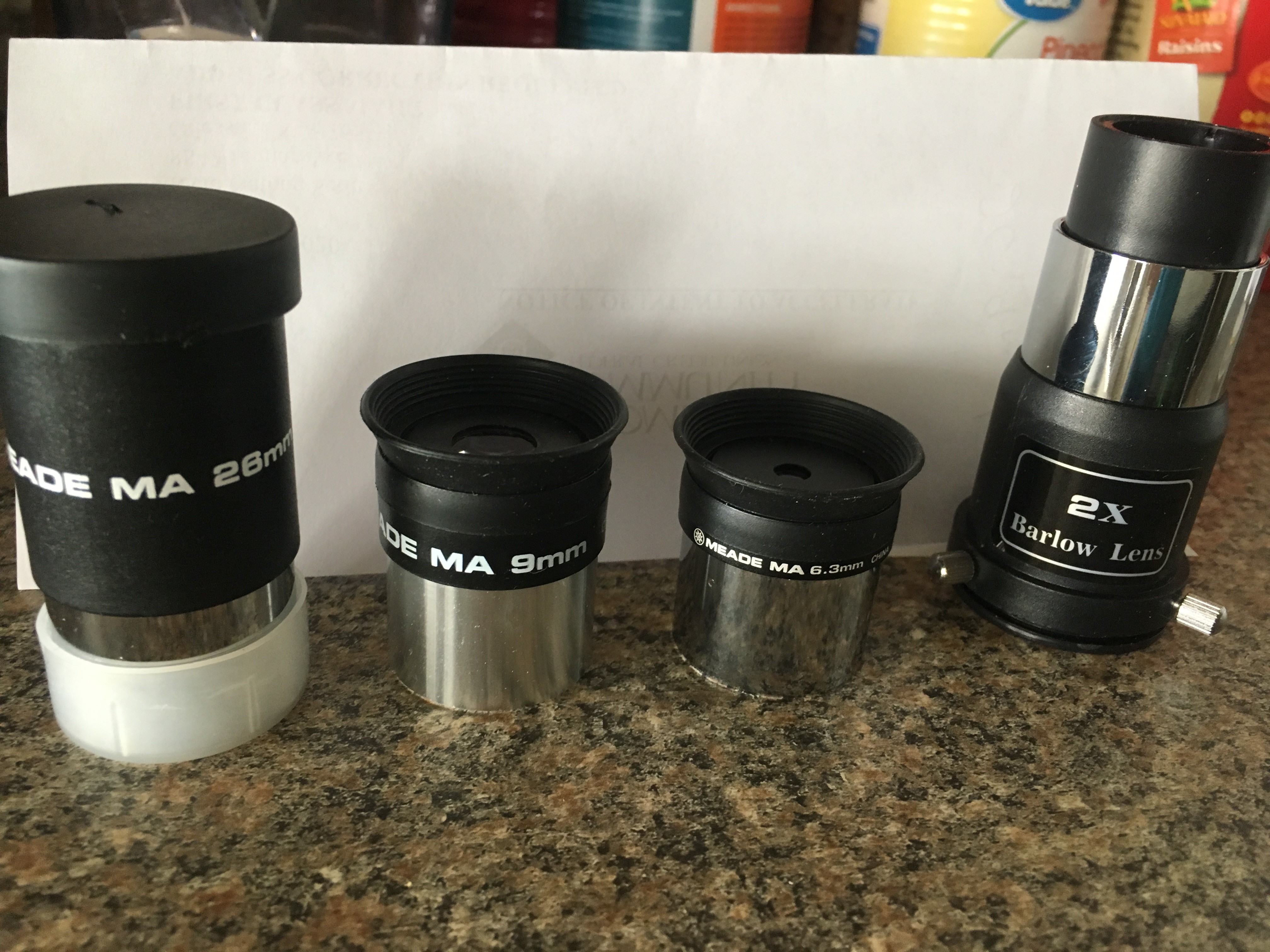 Meade MA eyepice set MA 26mm, MA 9mm, MA 6.3mm and 2x Barlow lenses 35.