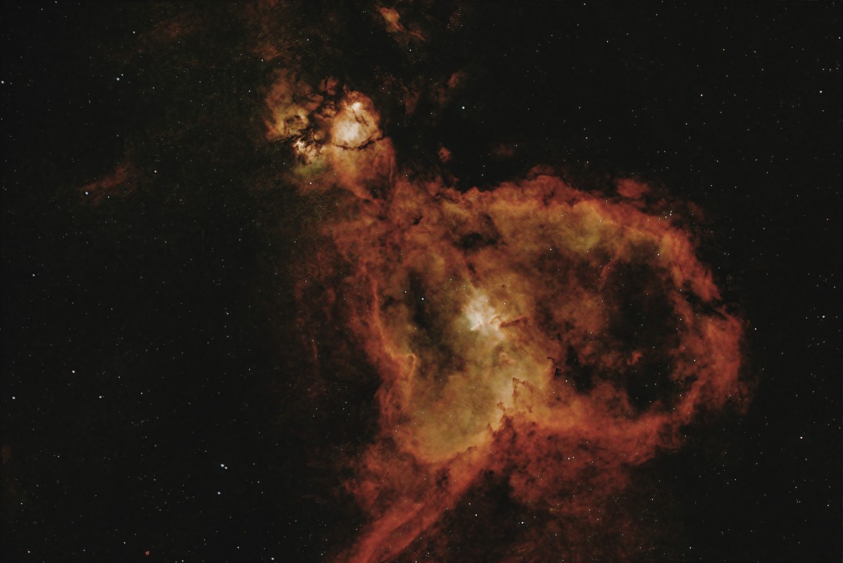 Heart Nebula (IC 1805), Fish Head Nebula (IC 1794; Northern Bear Nebula), and Melotte 15